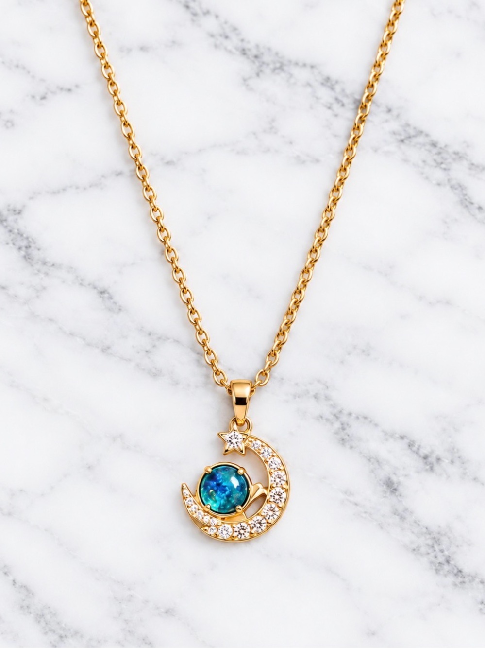 Gold-Plated Crescent Moon & Blue Opal Pendant Necklace - Women Jewelry